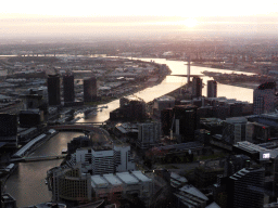 The west side of the city with the Seafarers Bridge, the Charles Grimes Bridge, the Bolte Bridge and the West Gate Bridge over the Yarra River, viewed from the Skydeck 88 of the Eureka Tower, at sunset