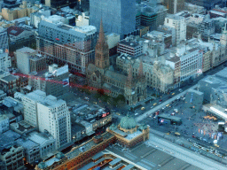 St. Paul`s Cathedral, the Flinders Street Railway Station and Federation Square with the Australian Centre for the Moving Image, viewed from the Skydeck 88 of the Eureka Tower, at sunset