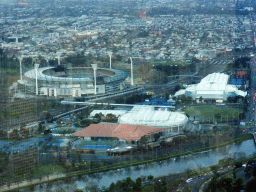 The Melbourne Cricket Ground, the Rod Laver Arena, Melbourne Park, the Hisense Arena and the Yarra River, viewed from the Skydeck 88 of the Eureka Tower, at sunset