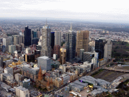 Skyscrapers at the city center, St. Paul`s Cathedral and Federation Square with the Australian Centre for the Moving Image, viewed from the Skydeck 88 of the Eureka Tower, at sunset