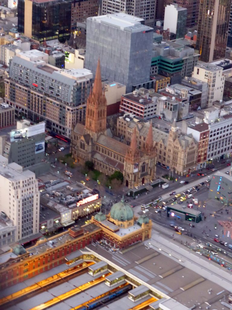 St. Paul`s Cathedral and the Flinders Street Railway Station, viewed from the Skydeck 88 of the Eureka Tower, at sunset