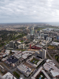 The south side of the city with the Albert Park Lake, Gunn Island, the Kings Domain, the Shrine of Remembrance, the Royal Botanic Gardens Melbourne and Hobsons Bay, viewed from the Skydeck 88 of the Eureka Tower, at sunset