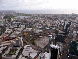 The south side of the city with the Albert Park Lake, Gunn Island and Hobsons Bay, viewed from the Skydeck 88 of the Eureka Tower, at sunset