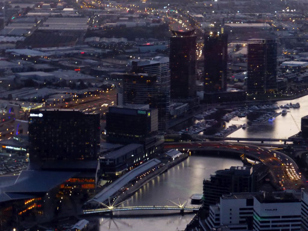 The Seafarers Bridge and the Charles Grimes Bridge over the Yarra River, viewed from the Skydeck 88 of the Eureka Tower, at sunset