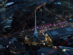 The Spire of the Arts Centre Melbourne, the National Gallery of Victoria, the Queen Victoria Gardens and the Yarra River, viewed from the Skydeck 88 of the Eureka Tower, at sunset