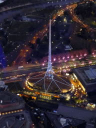 The Spire of the Arts Centre Melbourne, the Queen Victoria Gardens and the Yarra River, viewed from the Skydeck 88 of the Eureka Tower, at sunset