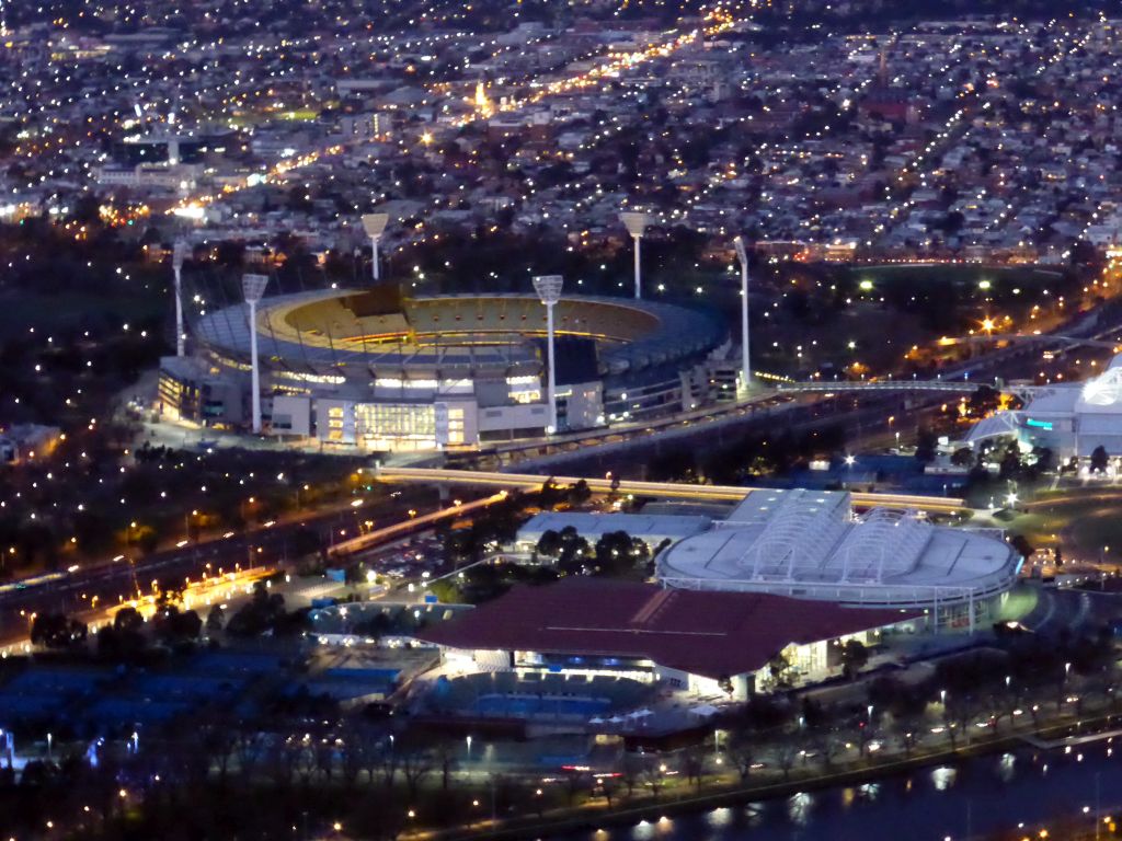 The Melbourne Cricket Ground, the Rod Laver Arena, Melbourne Park and the Yarra River, viewed from the Skydeck 88 of the Eureka Tower, at sunset