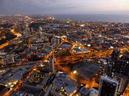 The south side of the city with the Albert Park Lake, Gunn Island and Hobsons Bay, viewed from the Skydeck 88 of the Eureka Tower, at sunset