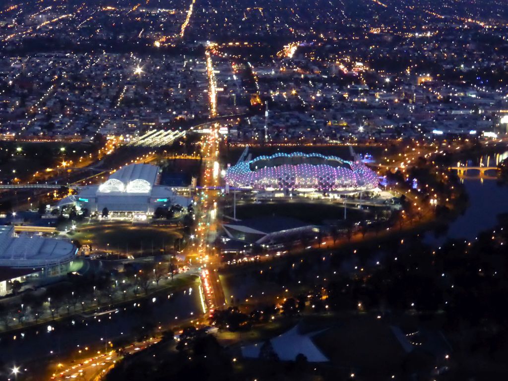 The Rod Laver Arena, the Hisense Arena, Melbourne Park, the AAMI Park and the Yarra River, viewed from the Skydeck 88 of the Eureka Tower, by night