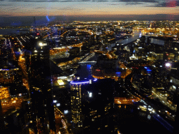 The west side of the city with the Prima Pearl Tower, the Crown Towers, the Kings Bridge, the Seafarers Bridge, the Charles Grimes Bridge and the Bolte Bridge over the Yarra River and Hobsons Bay, viewed from the Skydeck 88 of the Eureka Tower, by night
