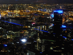 The northwest side of the city, with the Rialto Towers, the Victoria Harbour and the Melbourne Star Observation Wheel, viewed from the Skydeck 88 of the Eureka Tower, by night