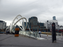 The Seafarers Bridge over the Yarra River and the front of the WTC Wharf Melbourne building, viewed from the South Wharf Promenade