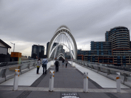 The Seafarers Bridge over the Yarra River and the front of the WTC Wharf Melbourne building, viewed from the South Wharf Promenade