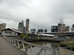 Boat at the Boatbuilders Yard, the Eureka Tower, the Crown Towers, the Prima Pearl Tower and the Yarra River, viewed from the South Wharf Promenade