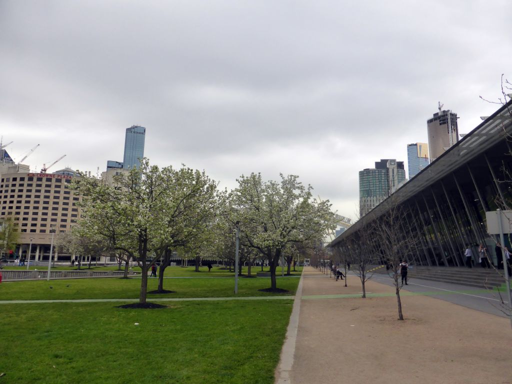 The park at the north side of the Melbourne Convention and Exhibition Centre, the Eureka Tower, the Crown Towers and the Prima Pearl Tower