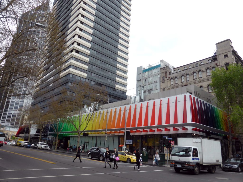 Shops at the crossing of Elizabeth Street and Little Bourke Street, and the Melbourne Central Tower