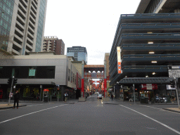 The center east gate of Chinatown at the crossing of Little Bourke Street and Russell Street