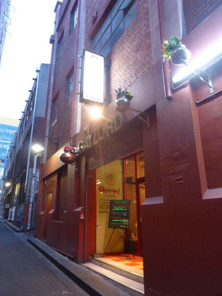 Front of the Gaylord Indian Restaurant at Tattersalls Lane, at sunset