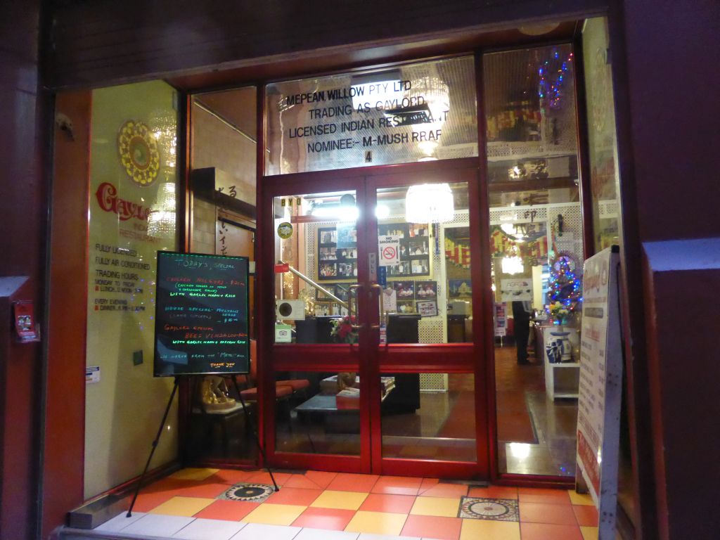 Front of the Gaylord Indian Restaurant at Tattersalls Lane, at sunset