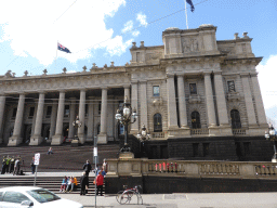 Front of the Victoria Parliament House at Spring Street, viewed from the tram