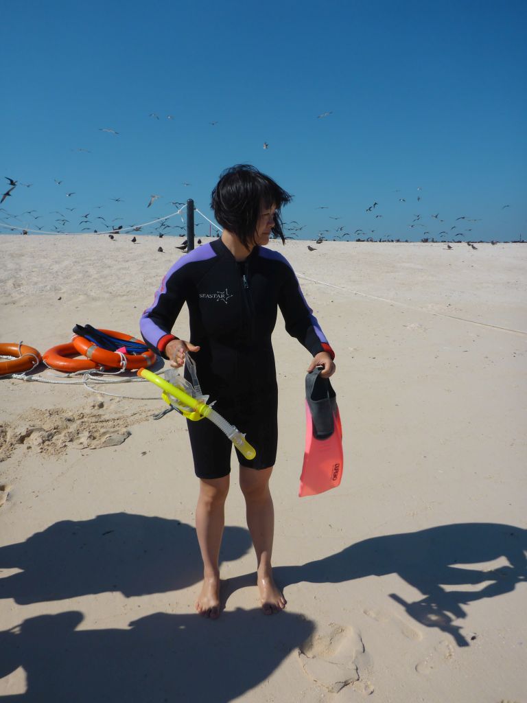 Miaomiao with snorkeling equipment and birds at Michaelmas Cay