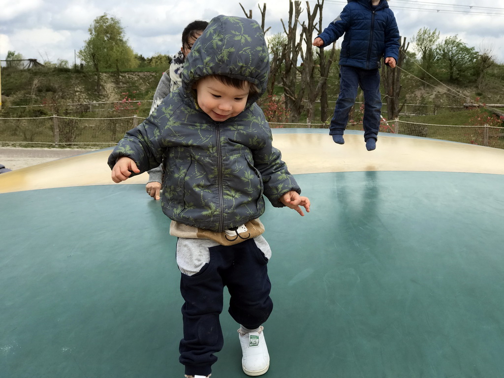 Max at the trampoline at the playground near Restaurant Smulrijk at the Dierenrijk zoo