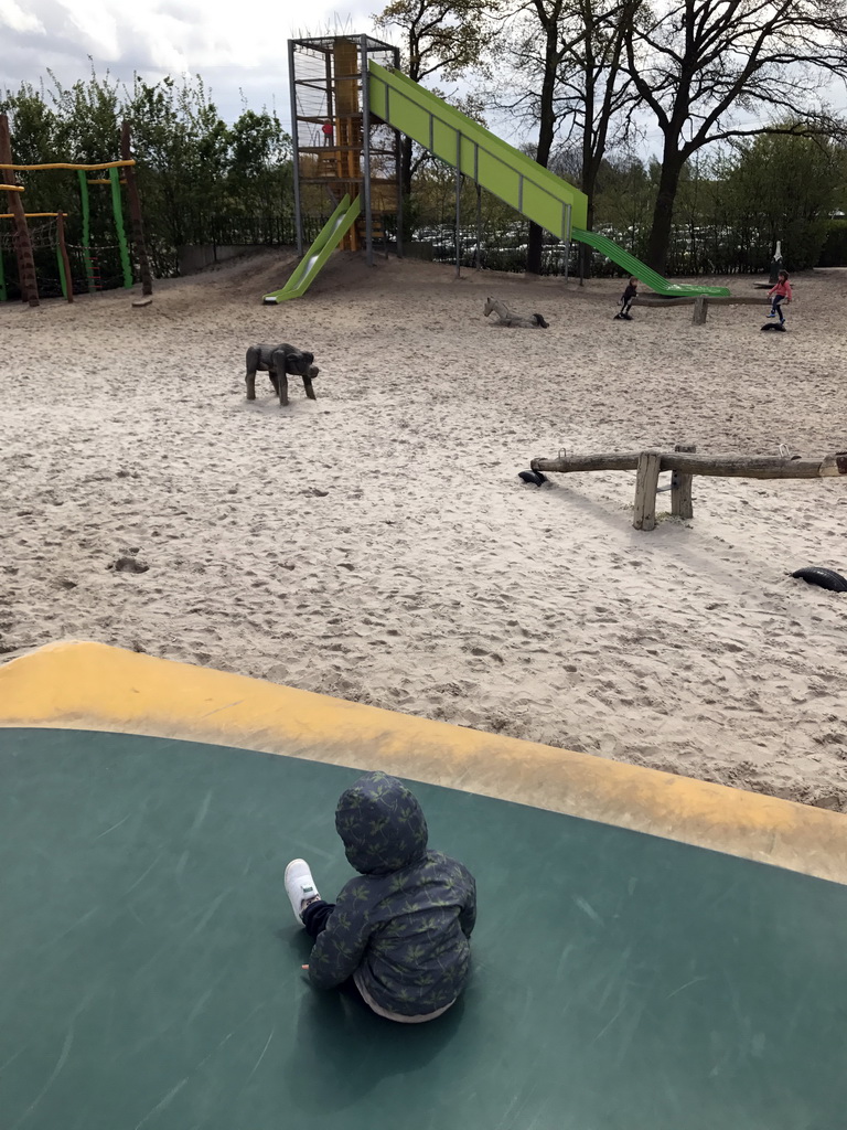 Max at the trampoline at the playground near Restaurant Smulrijk at the Dierenrijk zoo