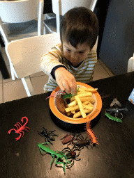 Max having lunch and playing with animal toys at Restaurant Smulrijk at the Dierenrijk zoo