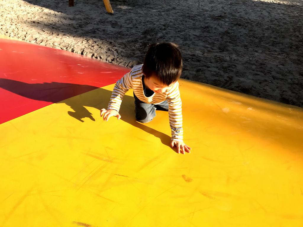 Max at the trampoline at the playground near Restaurant Smulrijk at the Dierenrijk zoo