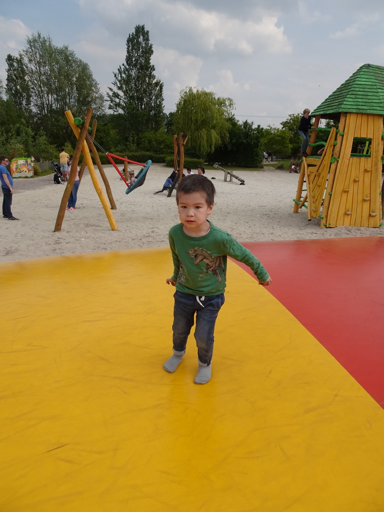 Max at the trampoline at the playground near Restaurant Smulrijk at the Dierenrijk zoo