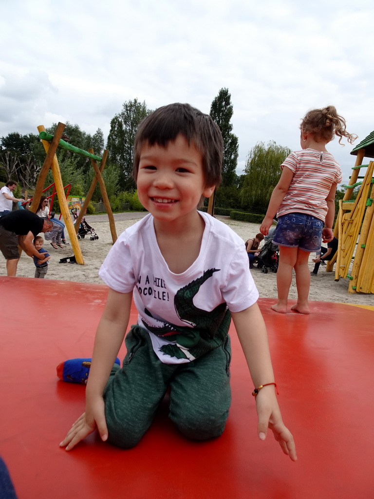 Max on the trampoline at the playground near Restaurant Smulrijk at the Dierenrijk zoo