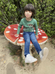 Max on a mushroom statue near the Camel enclosure at the Dierenrijk zoo