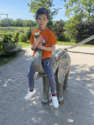Max on an elephant statue at the playground near the enclosure of the Asian Elephants at the Dierenrijk zoo