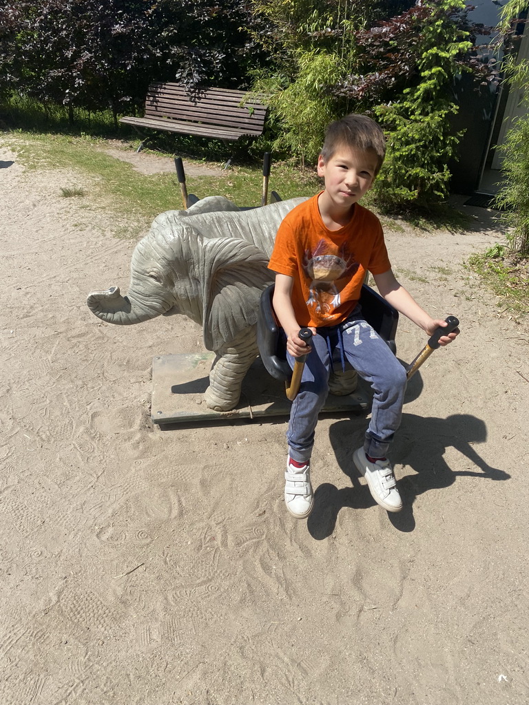Max on a seesaw at the playground near the enclosure of the Asian Elephants at the Dierenrijk zoo