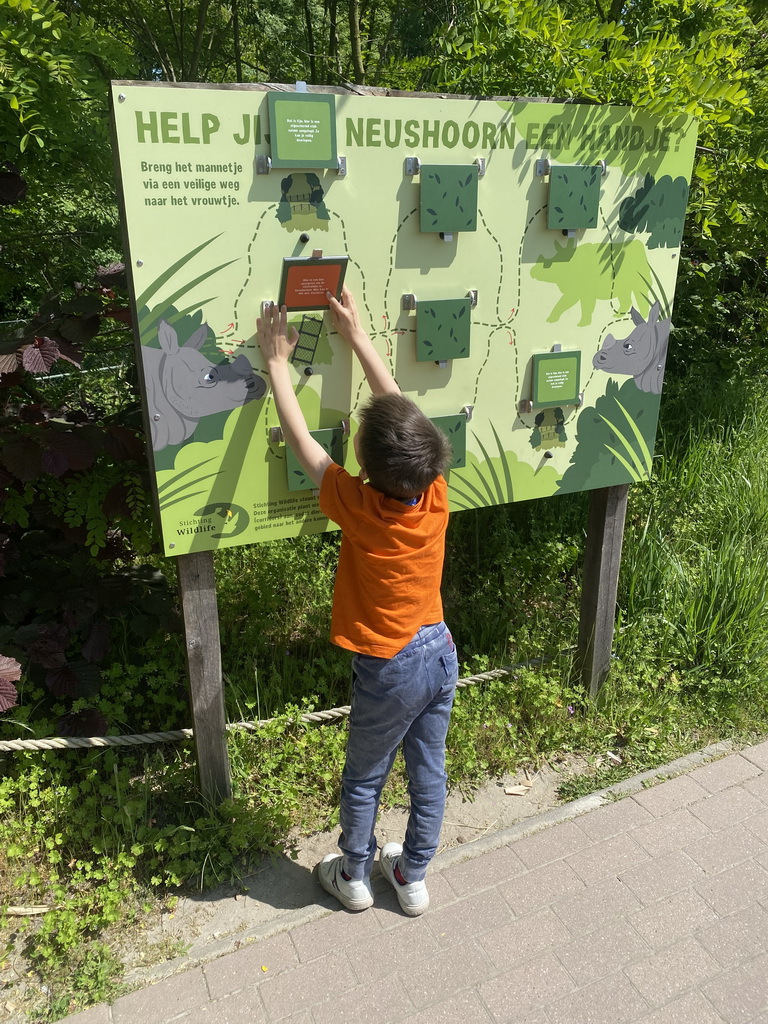 Max doing a puzzle near the Indian Rhinoceros enclosure at the Dierenrijk zoo