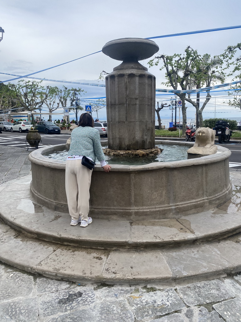 Miaomiao at the fountain at the Piazza Umberto I square