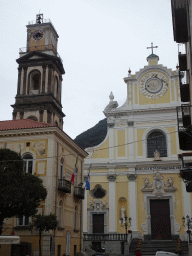Tower and front of the Basilica di Santa Trofimena church at the Piazza Ettore e Gaetano Cantilena square