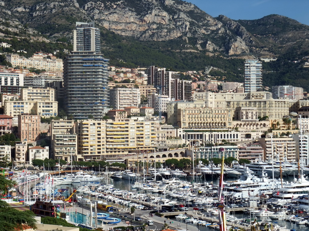 Skyline of Monte Carlo and the Port Hercule harbour, viewed from the Rampe Major ramp