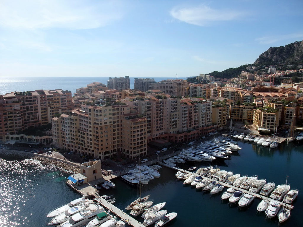 The harbour of Fontvieille and the Stade Louis II, viewed from the Ruelle Sainte-Barbe alley