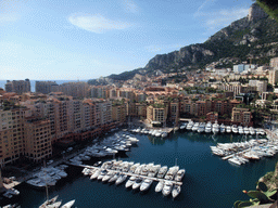 The harbour of Fontvieille and the Stade Louis II, viewed from the Ruelle Sainte-Barbe alley