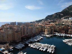 The harbour of Fontvieille and the Stade Louis II, viewed from the Ruelle Sainte-Barbe alley