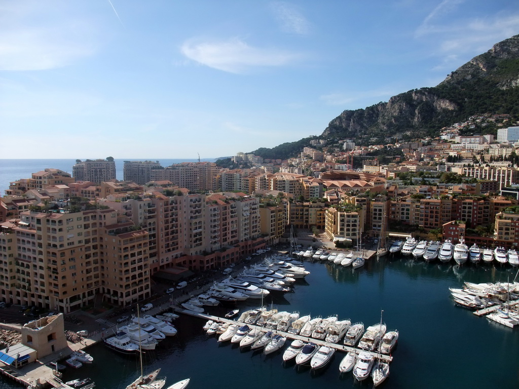 The harbour of Fontvieille and the Stade Louis II, viewed from the Ruelle Sainte-Barbe alley