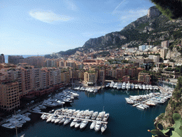 The harbour of Fontvieille and the Stade Louis II, viewed from the Ruelle Sainte-Barbe alley