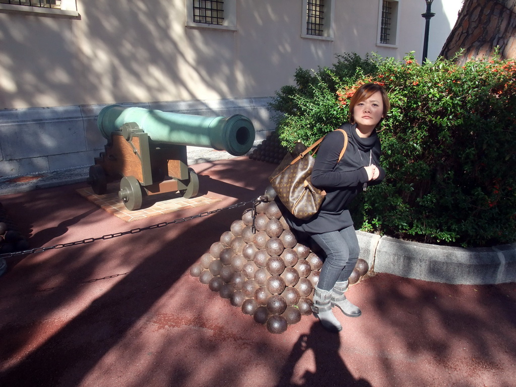 Miaomiao with cannon and cannonballs in front of the Prince`s Palace of Monaco