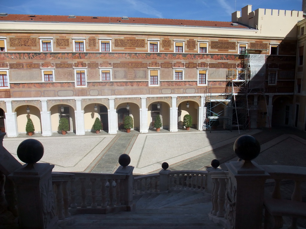 The northeast side of the Main Courtyard and the marble staircase at the Prince`s Palace of Monaco