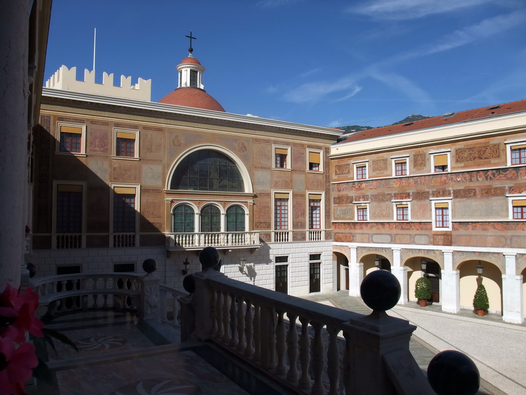 The northwest side of the Main Courtyard, the marble staircase and the Palatine chapel at the Prince`s Palace of Monaco