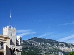The northeast side of the Prince`s Palace of Monaco, and Mont Agel, viewed from the Place du Palais square