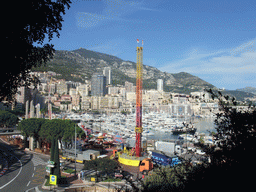 Skyline of Monte Carlo, the Port Hercule harbour and funfair attractions, viewed from the Avenue de la Porte Neuve