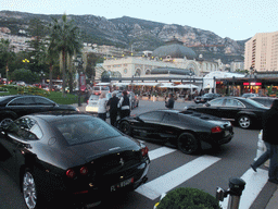 Ferrari, Lamborghini Diablo and the Café de Paris restaurant at the Place du Casino square