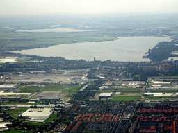 The town of Aalsmeer and the Westeinderplassen and Braassemeermeer lakes, viewed from the airplane from Amsterdam